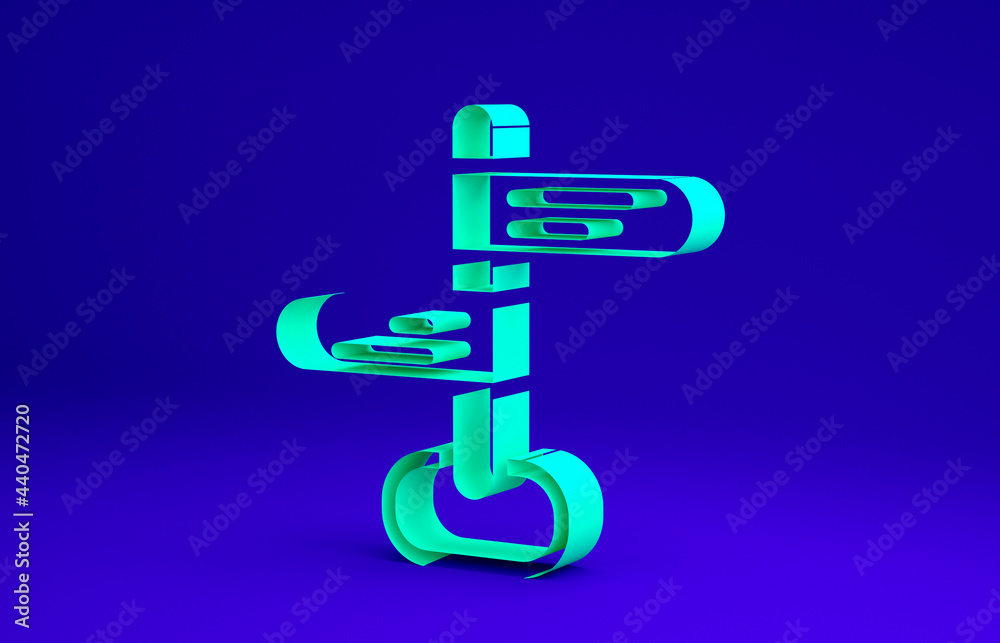 Obraz premium Green Road traffic sign. Signpost icon isolated on blue background. Pointer symbol. Isolated street information sign. Direction sign. Minimalism concept. 3d illustration 3D render