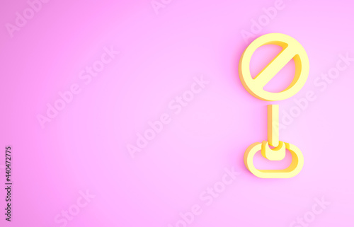 Yellow Stop sign icon isolated on pink background. Traffic regulatory warning stop symbol. Minimalism concept. 3d illustration 3D render