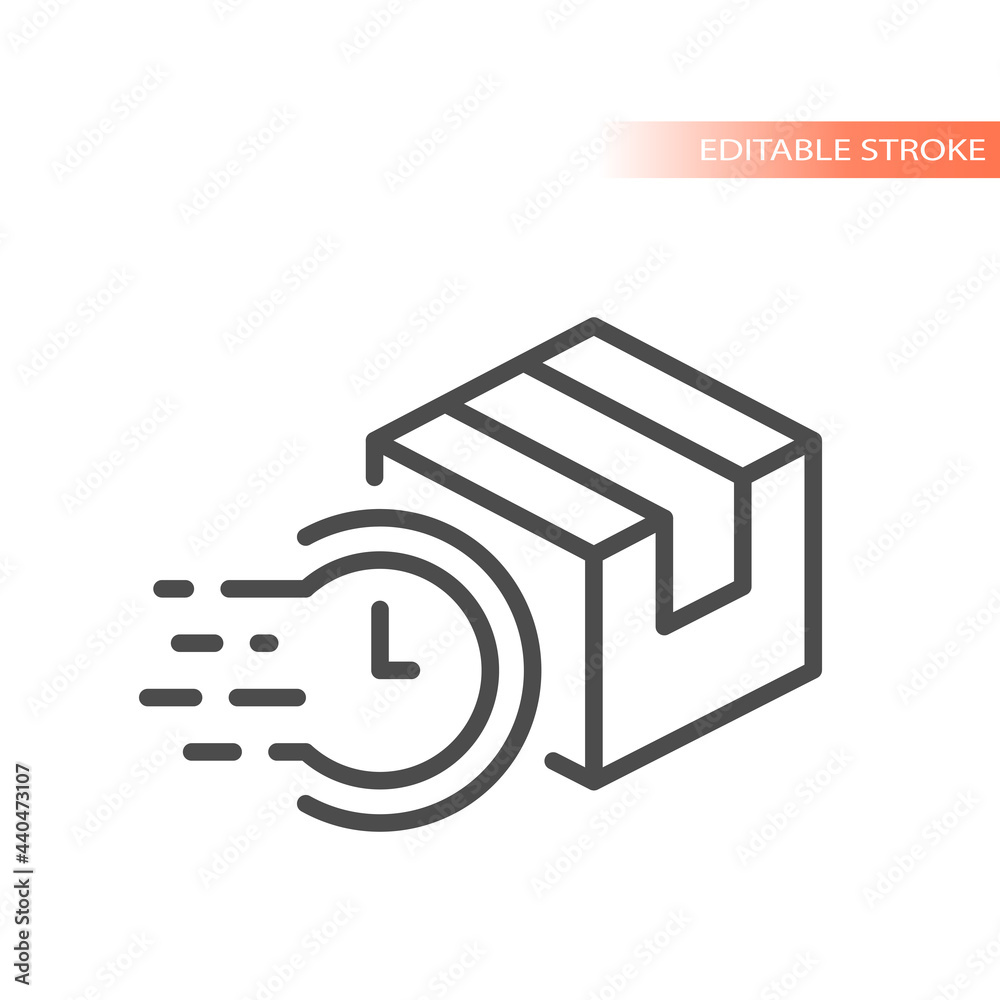 Fast delivery box with clock, on time icon. Parcel outline symbol, editable stroke. Fast delivery box with clock, on time icon. Parcel outline symbol, editable stroke.
