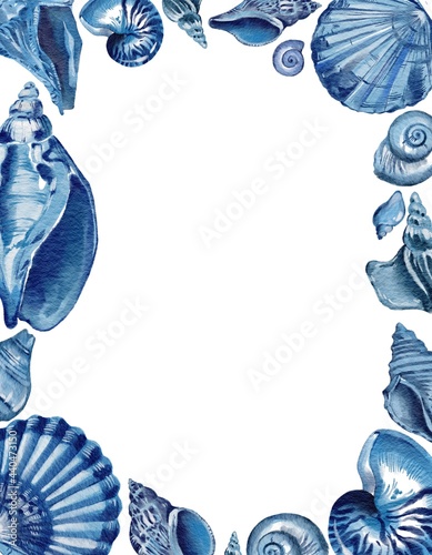 Copy space frame of blue seashells. Sea shells watercolor hand drawn illustration set isolated on white background for banner, poster, print, postcard, textile, template, card, invitation