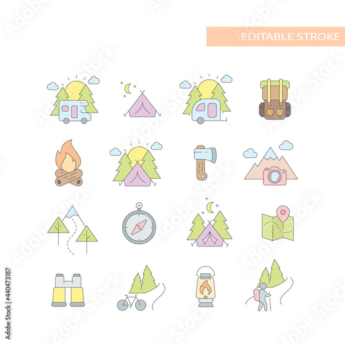 Outdoors, nature activities line icon set. Colorful, cute camping and hiking icons, editable stroke.