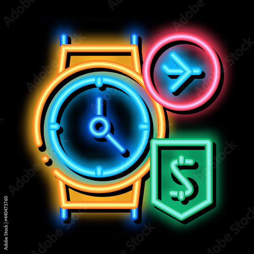 purchase cash wristwatch duty free neon light sign vector. Glowing bright icon purchase cash wristwatch duty free sign. transparent symbol illustration