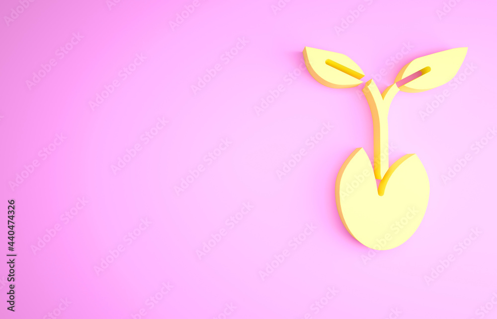 Yellow Sprout icon isolated on pink background. Seed and seedling. Leaves sign. Leaf nature. Minimalism concept. 3d illustration 3D render Yellow Sprout icon isolated on pink background. Seed and seedling. Leaves sign. Leaf nature. Minimalism concept. 3d illustration 3D render