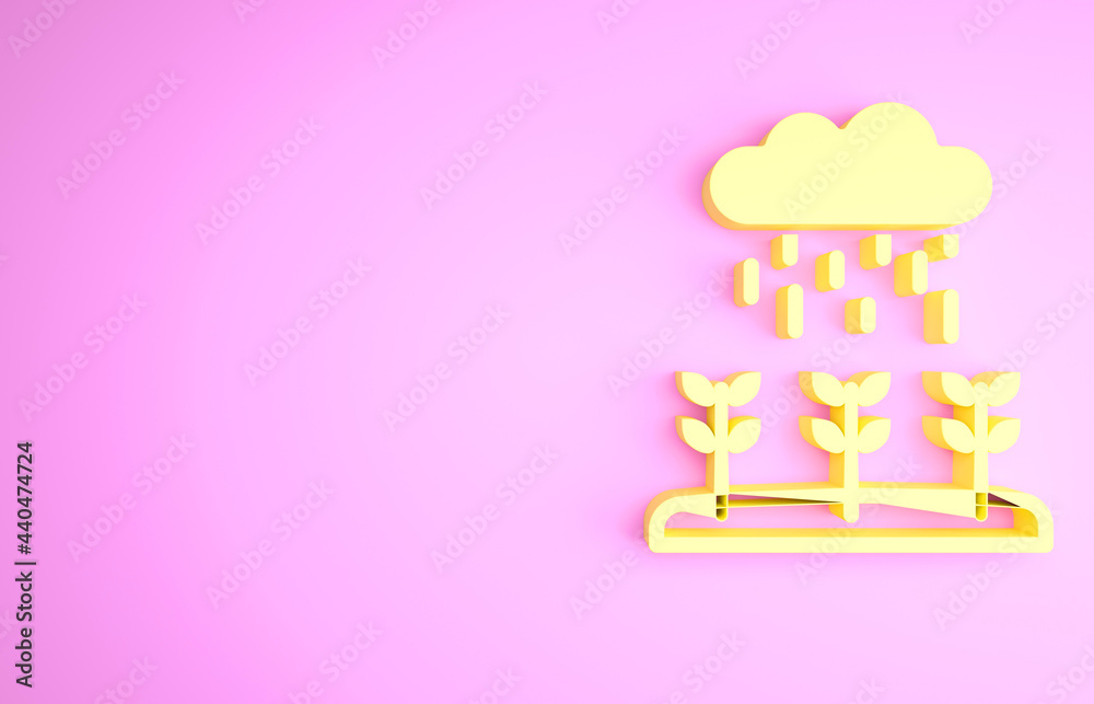 Yellow Plant sprouts grow in the rain icon isolated on pink background. Seedling concept. Minimalism concept. 3d illustration 3D render Yellow Plant sprouts grow in the rain icon isolated on pink background. Seedling concept. Minimalism concept. 3d illustration 3D render