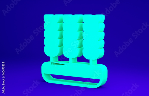 Green Cereals set with rice, wheat, corn, oats, rye, barley icon isolated on blue background. Ears of wheat bread symbols. Minimalism concept. 3d illustration 3D render