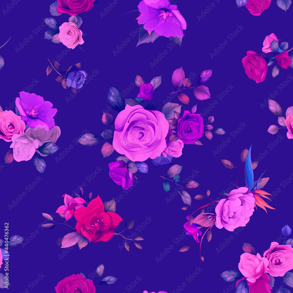 Seamless floral background pattern. Abstract flowers roses, branches with leaves on purple. Pattern for textile, fabric and other prints purpose. Hand drawn artwork illustration, vector wallpaper.