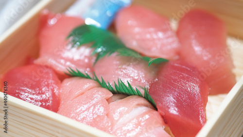 Tuna sashimi. Otoro sashimi ready to eat on plate from famous shop in supermarket Osaka Japan. Best part of Tuna is called Otoro which come from tuna fatty belly. Very popular menu for sushi lovers. photo