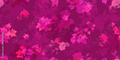 Wide vintage seamless background pattern on light red. Beauty wild flowers, bunch of grape, peony and leaf around. Abstract watercolor, hand drawn, vector - stock.