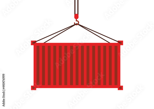 Red marine industrial container, equipment for export shipment, crane lifts container with cargo, flat vector illustration