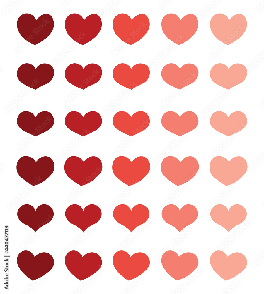 Set of hearts of different shapes of red gradient color.  Decorative background in the shape of hearts for Valentine's Day, birthday.  Template, logo, flat vector illustration