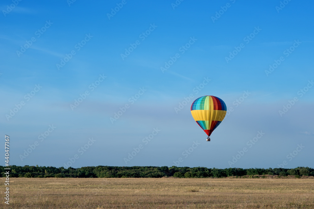 Hot Air Balloon flies above the meadow