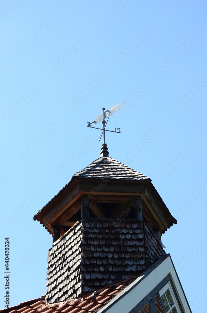 weather vane on the roof top of a tower under sun light weather vane on the roof top of a tower under sun light