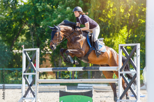 Young horse rider girl jumping over a barrier on show jumping course in equestrian sports competition