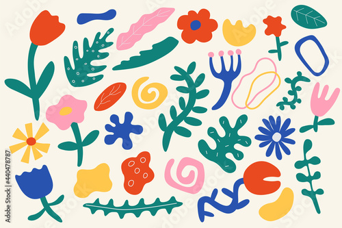 Abstract shapes and flowers in doodle style. Hand drawn leaf, blob, scribble, splash, herbs isolated elements. Trendy vector illustration in brigh colors. Various childish decorations