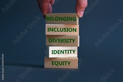 Equity, identity, diversity, inclusion, belonging symbol. Wooden blocks with words identity, equity, diversity, inclusion, belonging on beautiful grey background. Inclusion, belonging concept.