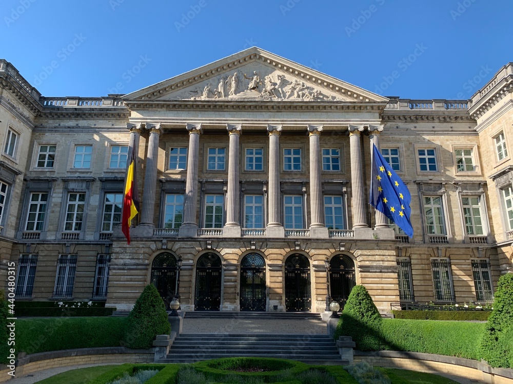 Obraz premium Front Facade of Belgian Federal Parliament building. Chamber of Representatives and Senate. Belgian government. Bruxelles, Brussels Capital Region, Belgium.