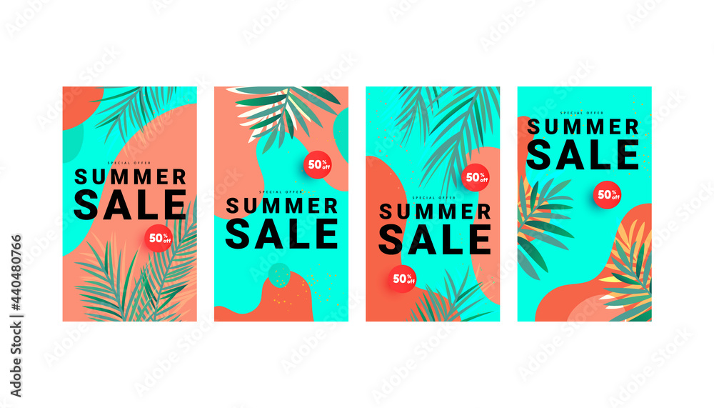 Summer sale banner stories concept for social media. Colorful design templates with tropical leaves, liquid forms background. Promotion banner for website, flyer and poster. Vector illustration