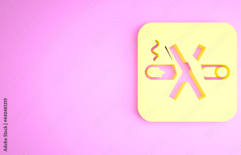 Yellow No Smoking icon isolated on pink background. Cigarette symbol. Minimalism concept. 3d illustration 3D render Yellow No Smoking icon isolated on pink background. Cigarette symbol. Minimalism concept. 3d illustration 3D render