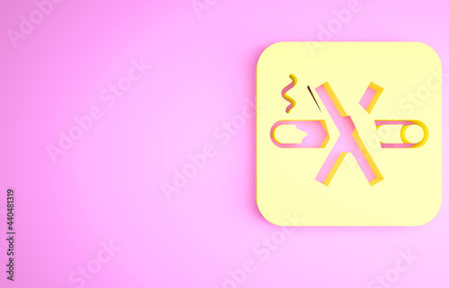 Yellow No Smoking icon isolated on pink background. Cigarette symbol. Minimalism concept. 3d illustration 3D render