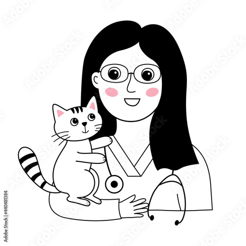 Cute vet girl with a kitten in her hands. Vector illustration in doodle style. Perfect for articles or advertising of a veterinary clinic