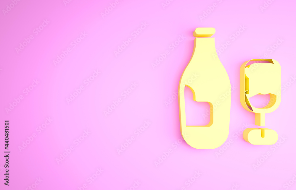 Yellow Wine bottle with glass icon isolated on pink background. Minimalism concept. 3d illustration 3D render