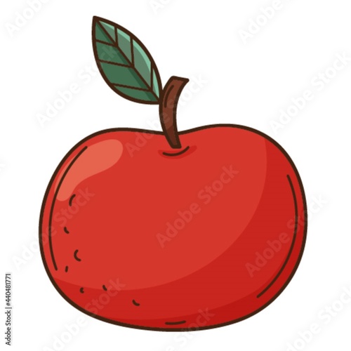 Red apple. Fruit. A symbol of autumn, harvest. Design element with outline. Doodle, hand-drawn. Flat design. Color vector illustration. Isolated on a white background.
