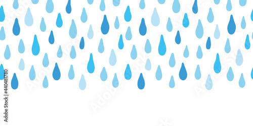 Blue doodle rain drops horizontal border repeat pattern. Vector hand drawn seamless background. For scrapbooking, wallpaper, fabric, wrapping, invitations, card.