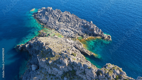 Aerial drone photo of famous beach of Halkos in island of Kythira, Ionian, Greece