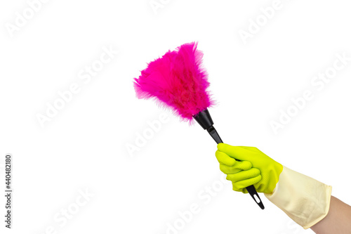 Cleaning supplies concept. Hand with soft magenta duster, synthetic feather broom isolate on white. Cleaning concept, cleaning service.