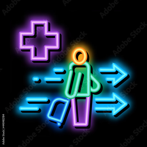 medical assistance to tourist with suitcase neon light sign vector. Glowing bright icon medical assistance to tourist with suitcase sign. transparent symbol illustration