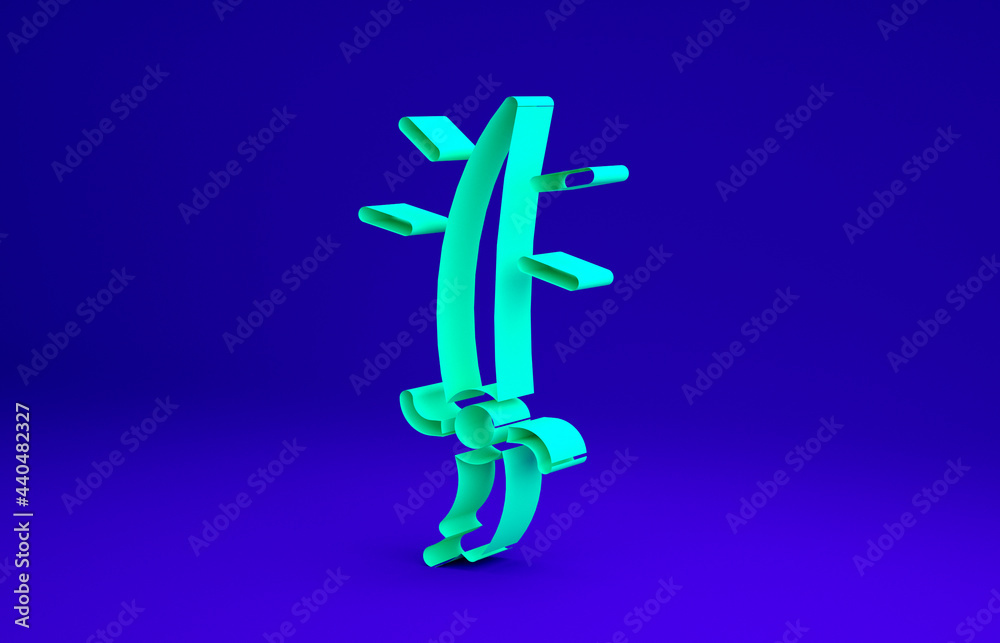 Green Arabian saber icon isolated on blue background. Minimalism concept. 3d illustration 3D render Green Arabian saber icon isolated on blue background. Minimalism concept. 3d illustration 3D render