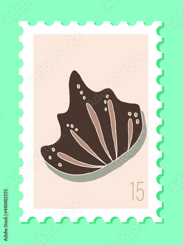 Vector beautiful hand drawn post stamp. Modern vector isolated post stamp design. Seashells and stars post stamp. Mail and post office conceptual drawing.