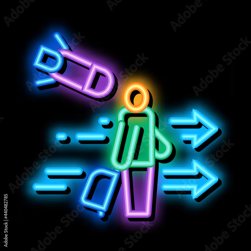 migratory man tourist neon light sign vector. Glowing bright icon migratory man tourist sign. transparent symbol illustration