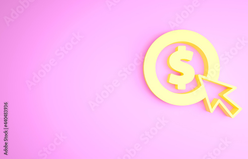 Yellow Coin money with dollar symbol icon isolated on pink background. Banking currency sign. Cash symbol. Minimalism concept. 3d illustration 3D render