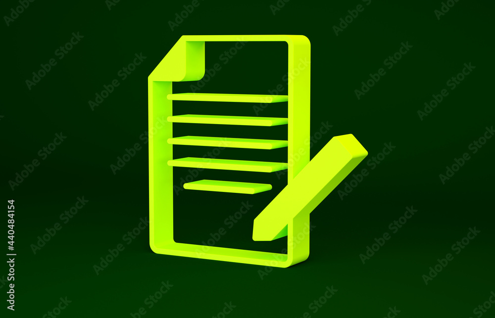 Yellow Document and pen icon isolated on green background. File icon. Checklist icon. Business concept. Minimalism concept. 3d illustration 3D render Yellow Document and pen icon isolated on green background. File icon. Checklist icon. Business concept. Minimalism concept. 3d illustration 3D render