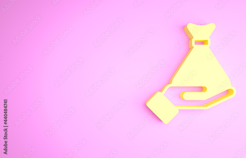 Yellow Money in hand icon isolated on pink background. Insurance concept. Security, safety, protection, protect concept. Minimalism concept. 3d illustration 3D render Yellow Money in hand icon isolated on pink background. Insurance concept. Security, safety, protection, protect concept. Minimalism concept. 3d illustration 3D render