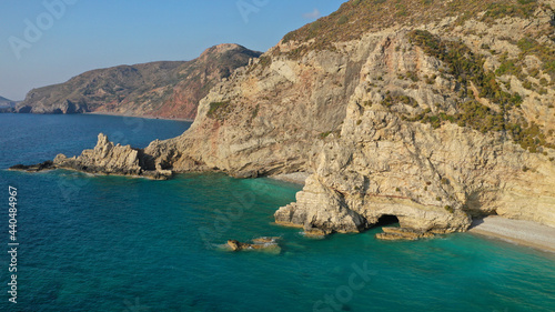 Aerial drone photo of beautiful turquoise beach of Komponada, Kythera island, Ionian, Greece