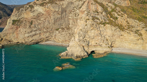 Fototapeta Naklejka Na Ścianę i Meble -  Aerial drone photo of beautiful turquoise beach of Komponada, Kythera island, Ionian, Greece