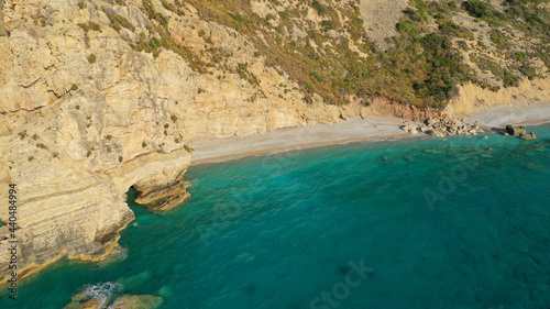 Aerial drone photo of beautiful turquoise beach of Komponada, Kythera island, Ionian, Greece