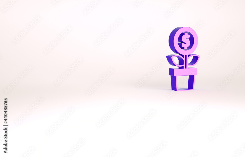 Purple Dollar plant icon isolated on white background. Business investment growth concept. Money savings and investment. Minimalism concept. 3d illustration 3D render Purple Dollar plant icon isolated on white background. Business investment growth concept. Money savings and investment. Minimalism concept. 3d illustration 3D render