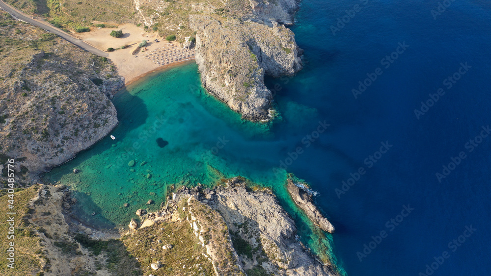 Aerial drone photo of beautiful and exotic emerald organised small beach of Melidoni, Kythera island, Ionian, Greece