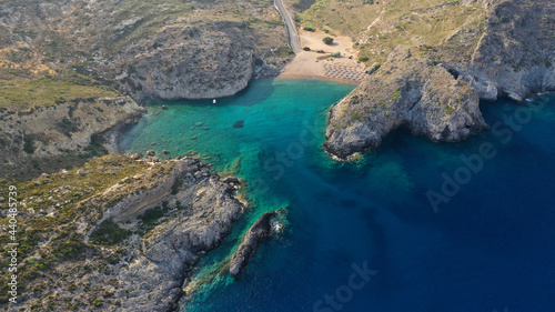 Aerial drone photo of beautiful and exotic emerald organised small beach of Melidoni, Kythera island, Ionian, Greece