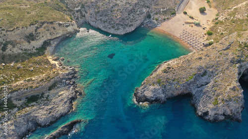 Aerial drone photo of beautiful and exotic emerald organised small beach of Melidoni, Kythera island, Ionian, Greece