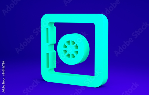 Green Safe icon isolated on blue background. The door safe a bank vault with a combination lock. Reliable Data Protection. Minimalism concept. 3d illustration 3D render