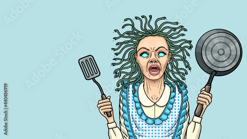 The cartoon cook is depicted as a Gorgon medusa.