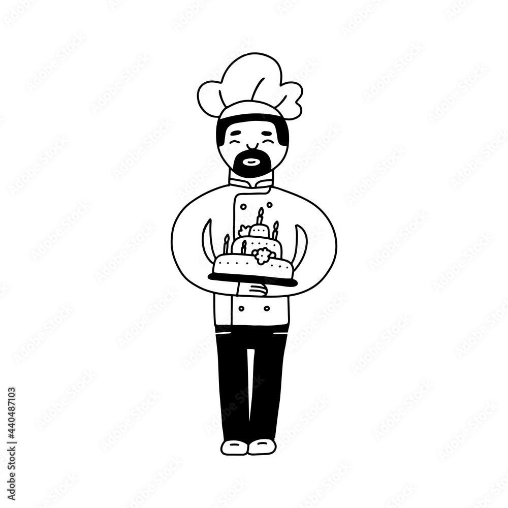 Bakery male character. Hand drawn doodle line vector illustration of chef-cooker with a mustache and beard with cake in hands. Chef cake logo. Bakery male character. Hand drawn doodle line vector illustration of chef-cooker with a mustache and beard with cake in hands. Chef cake logo.