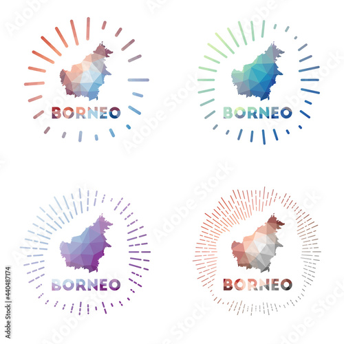 Borneo low poly sunburst set. Logo of the island in a geometric polygonal style. Vector illustration.