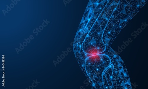 Pain in the knee joint. A polygonal model of lines and points. Blue background.