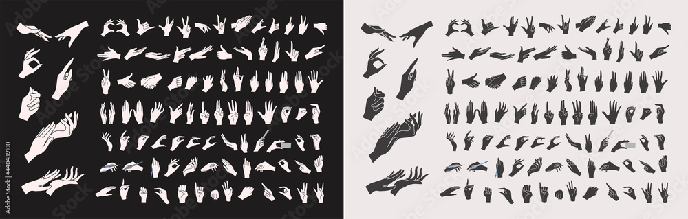 Gestures. A set of hands in different gestures? Silhouettes of hands. Women's hands in various situations. On a white background isolated. Vector illustration

