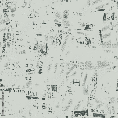 Abstract seamless pattern with fragments of unreadable newspaper text, headlines and illustrations on a light backdrop. Chaotic monochrome vector background. Wallpaper, wrapping paper, fabric design